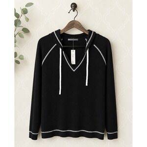 Elliott Lauren Hoodie Waffle Knit Contrast Stitch V-Neck Black Size L NWT